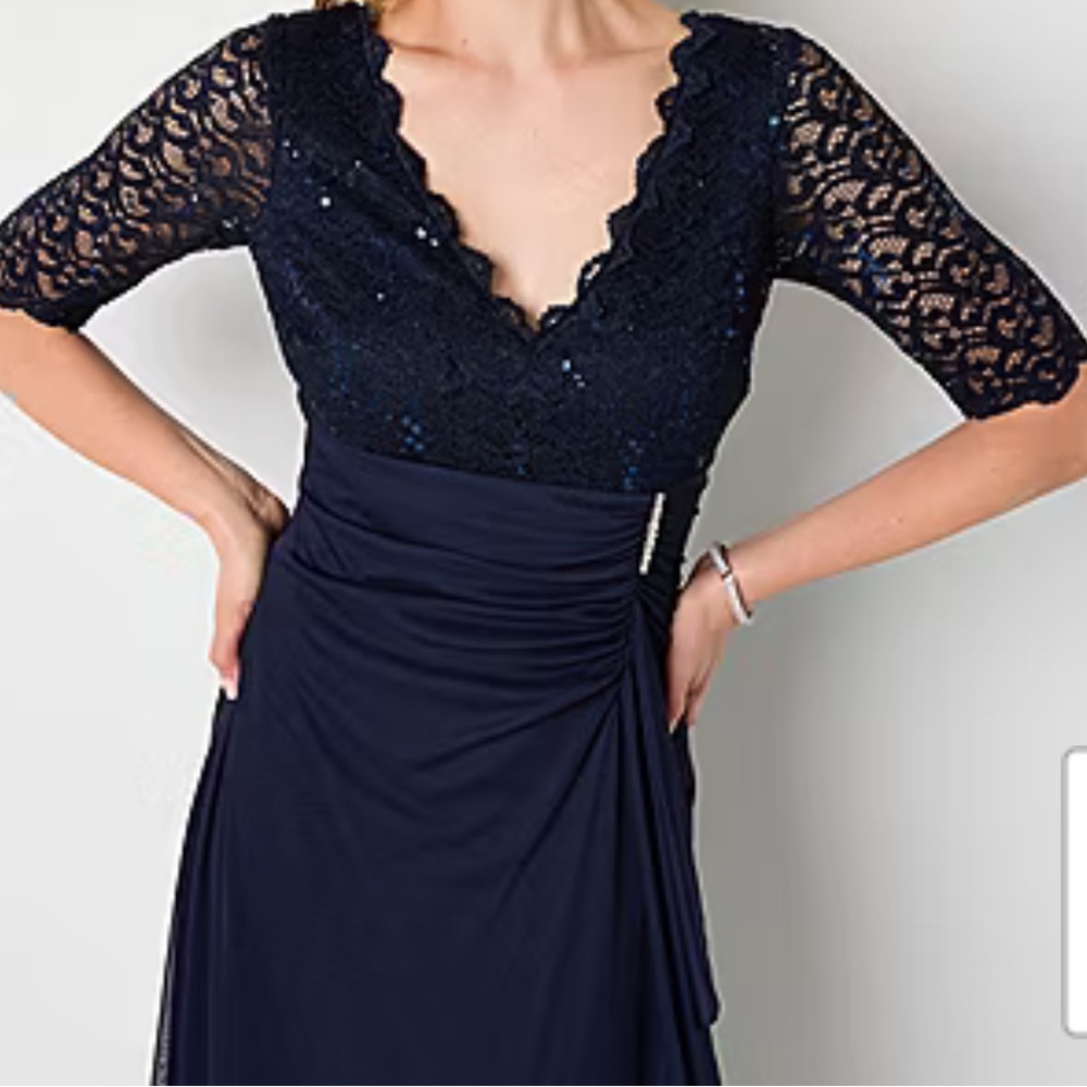 Jessica Howard Navy Lace & Chiffon V-Neck Long Sleeve Dress